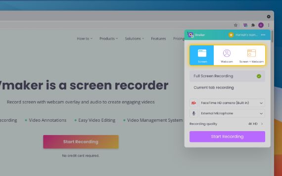 Elige entre pantalla, cámara web o ambas para comenzar a grabar según haga falta.