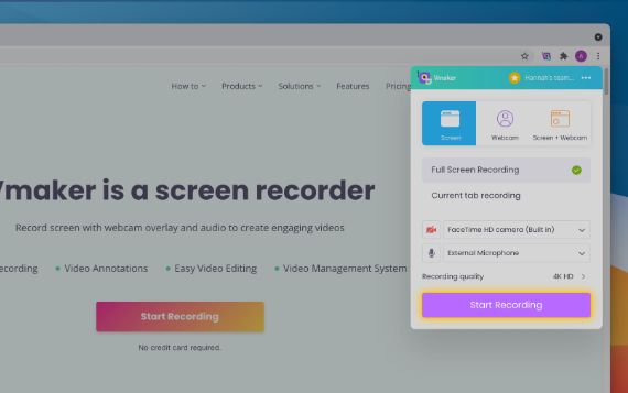 Haz clic en “Comenzar a grabar” para comenzar a grabar tu pantalla usando el complemento Vmaker