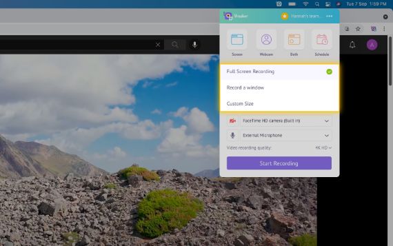 Select the size of the screen you want to record