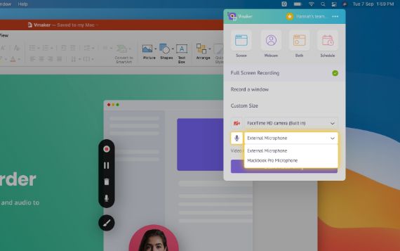 Turn on the audio input and select the microphone you want to record from
