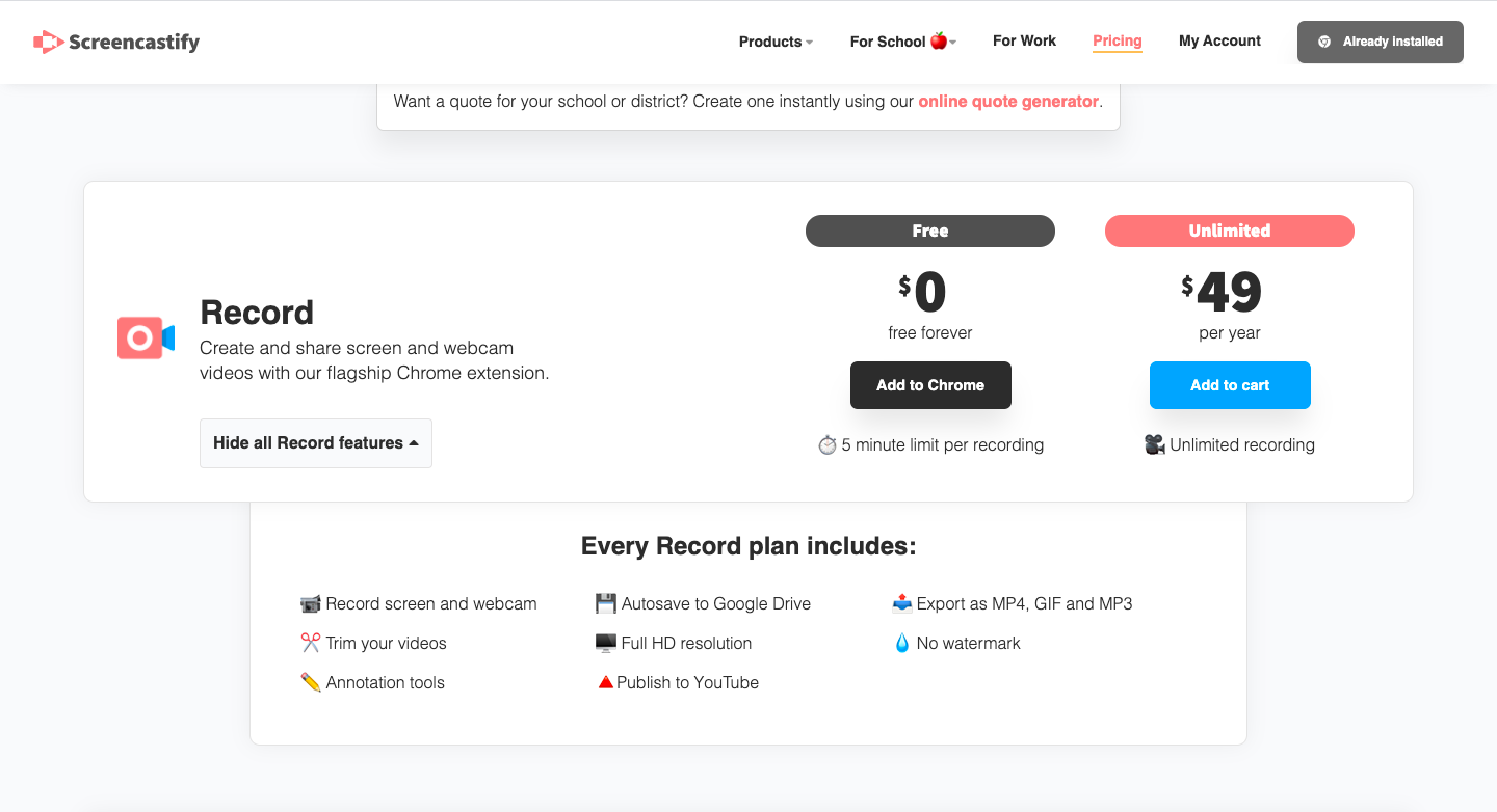 Screencastify screencast software pricing page
