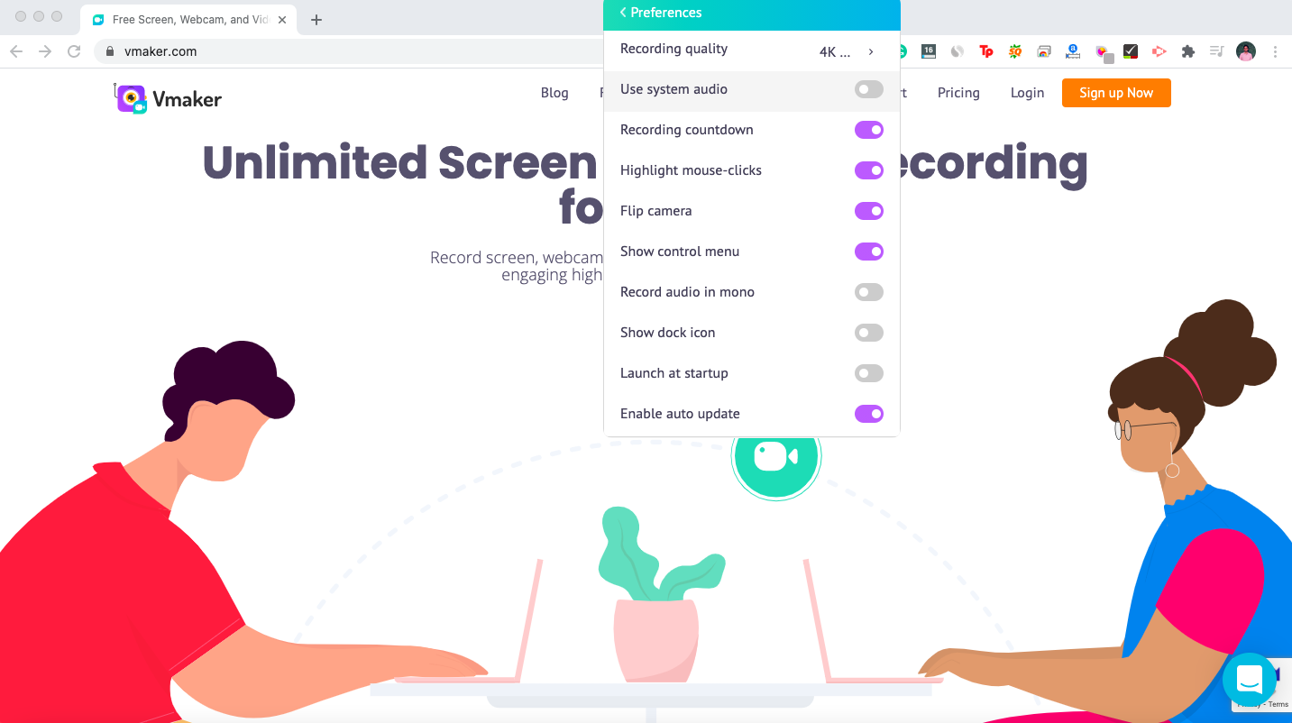 Screen recording video preferences