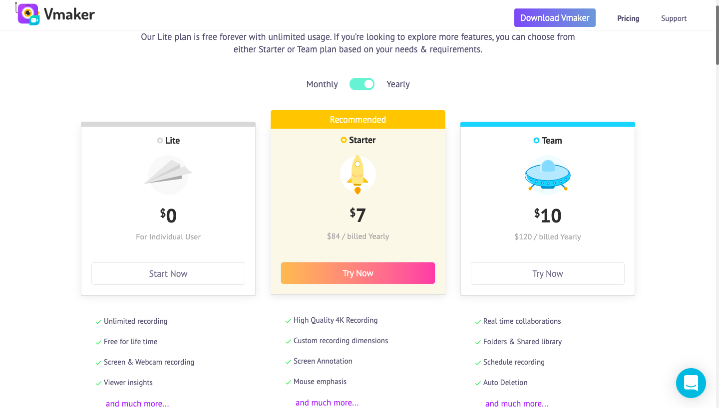Vmaker screen recorder chrome extension pricing plan