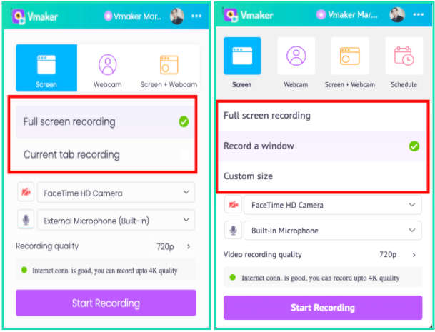 A side-by-side screenshot showing how to select the mode of recording in Vmaker Mac app and Chrome plug-in