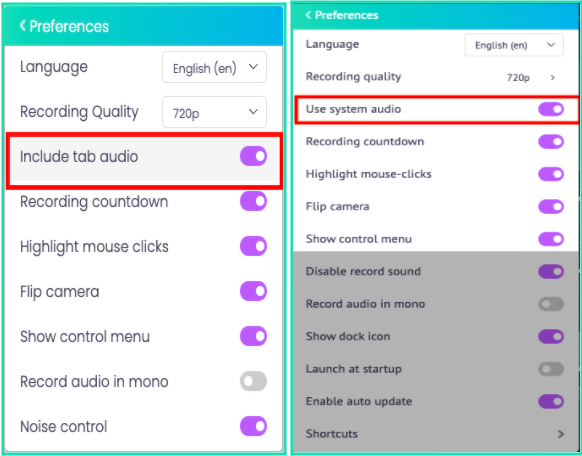 A side-by-side comparison showing how to enable audio in both Vmaker app and Vmaker Chrome plug-in