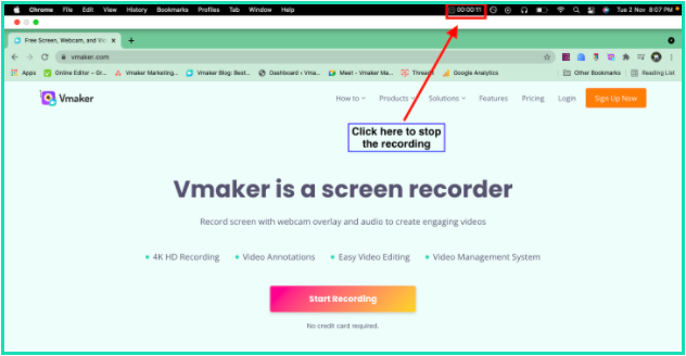 Screenshot showing how to stop recording in Vmaker to save the recording