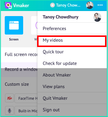 A screenshot showing how to access your saved videos in the Vmaker Mac app