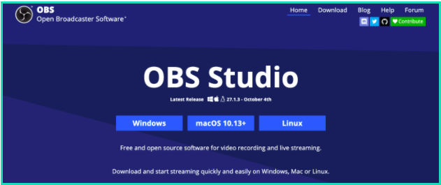 A screenshot of the OBS Studio home page. The page says that OBS Studio is available for Windows, Mac and Linux OS