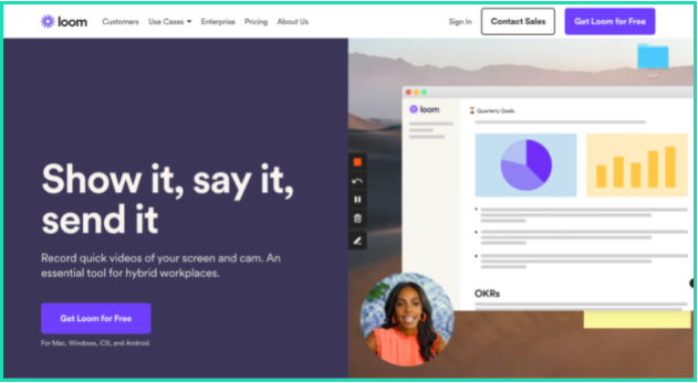 A screenshot of the Loom home page with a GIF of a lady recording her screen and webcam