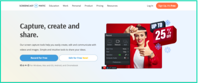 A screenshot of Screecast-O-Matic home page that has a picture of a woman holding her fingers in a way that gives the impression that she is holding a camera
