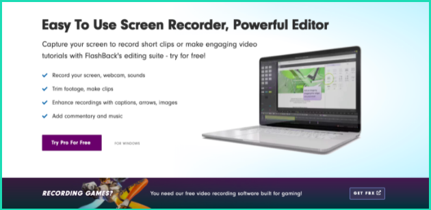 A screenshot of Flashback Express screen recorder, which claims it to be a easy to use screen recorder with powerul editor