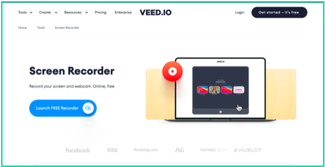 A screenshot of the Veed screen recorder home page with a CTA button that allows you to record screen and webcam instantly