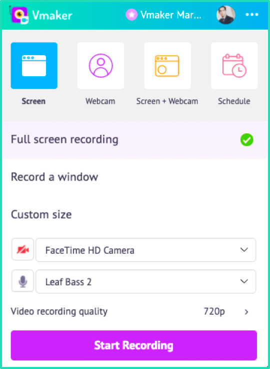 Open the Vmaker app and select Screen recording