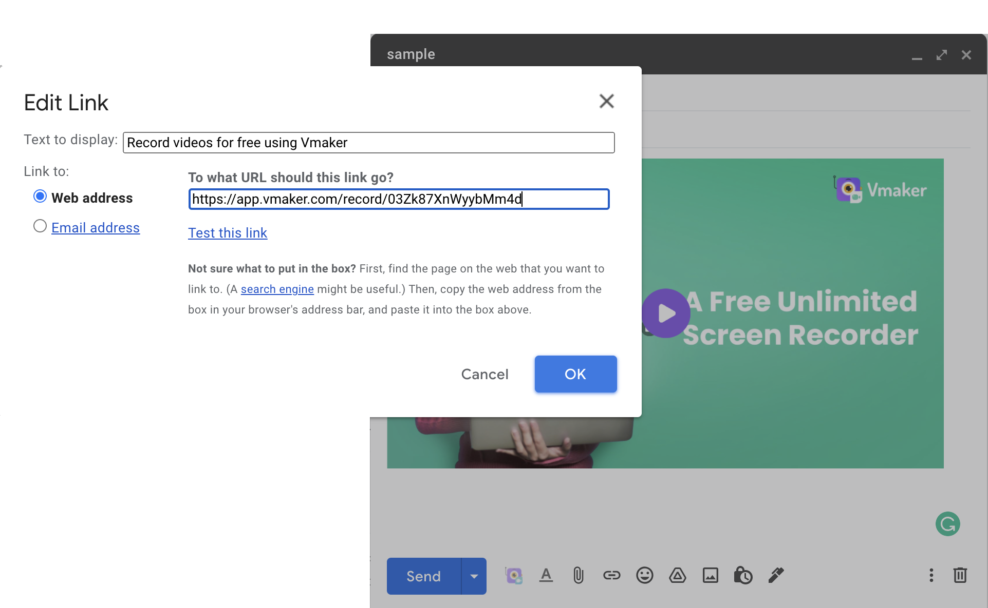 how to send a large video through Email: edit link page