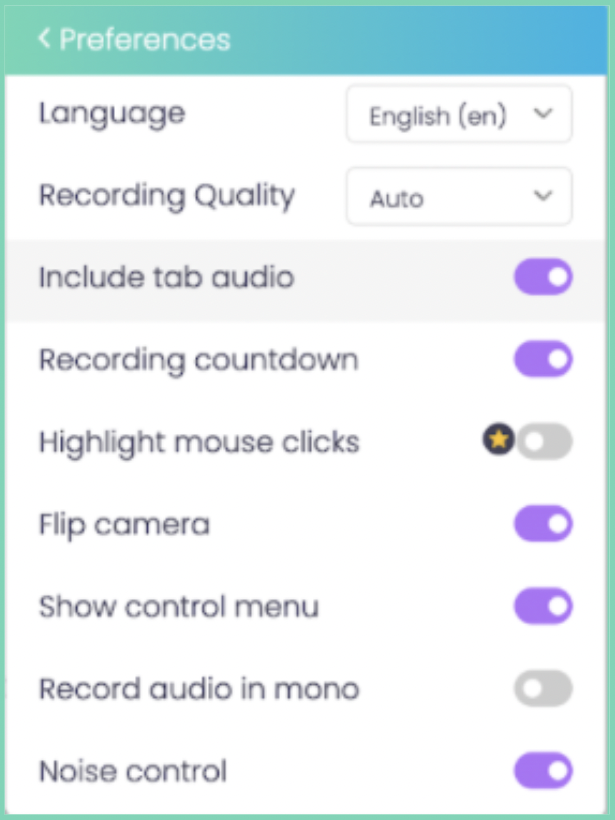 webcam recording software preferences page