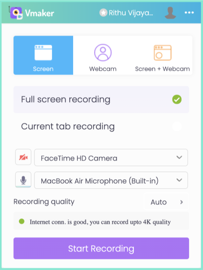 webcam recording software start recording page