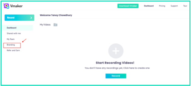A screenshot of the Vmaker dashboard highlighted with the help of an arrow, showing how to access the branding section of Vmaker