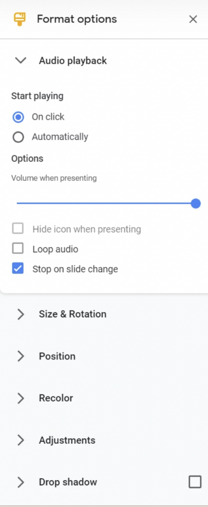 How to do a voiceover on Google Slides: format menu