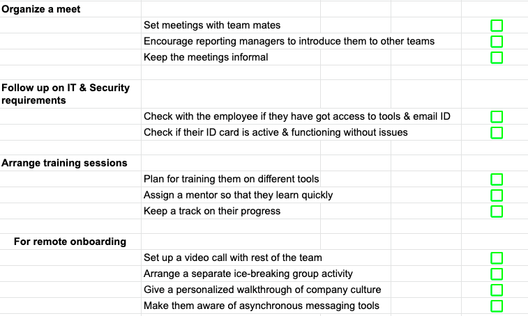 Screenshot of the employee onboarding checklist after 1 week of onboarding