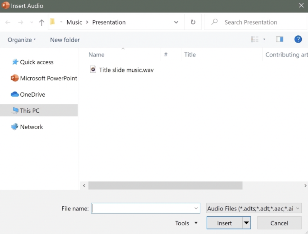 insert the audio file that needs to be added to the presentation