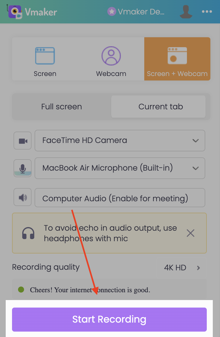 screen + webcam recording mode