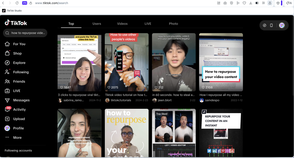 TikTok search results showing clips about repurposing video content