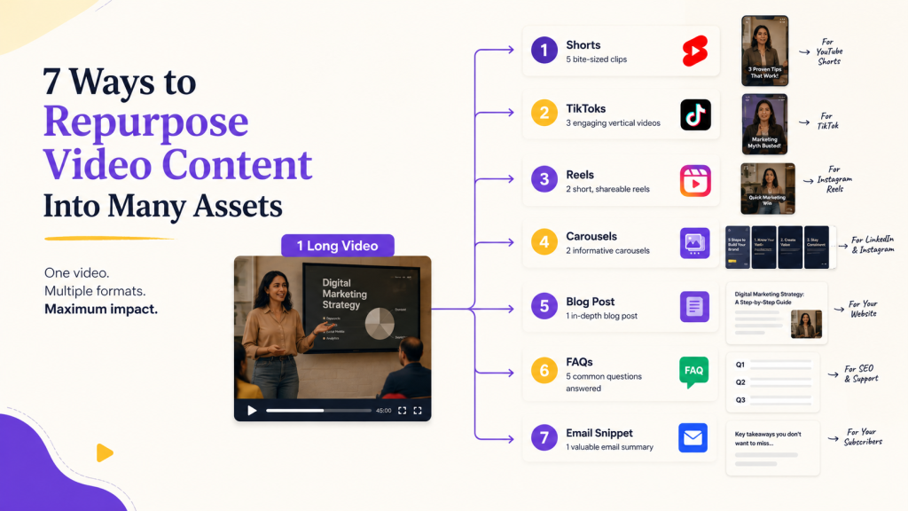Infographic showing 7 ways to repurpose one video into Shorts, TikTok, Reels, blog post, FAQs and email snippets