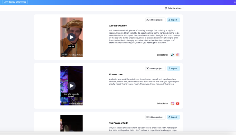 Vmaker AI interface highlighting high-value clip moments identified from a long video