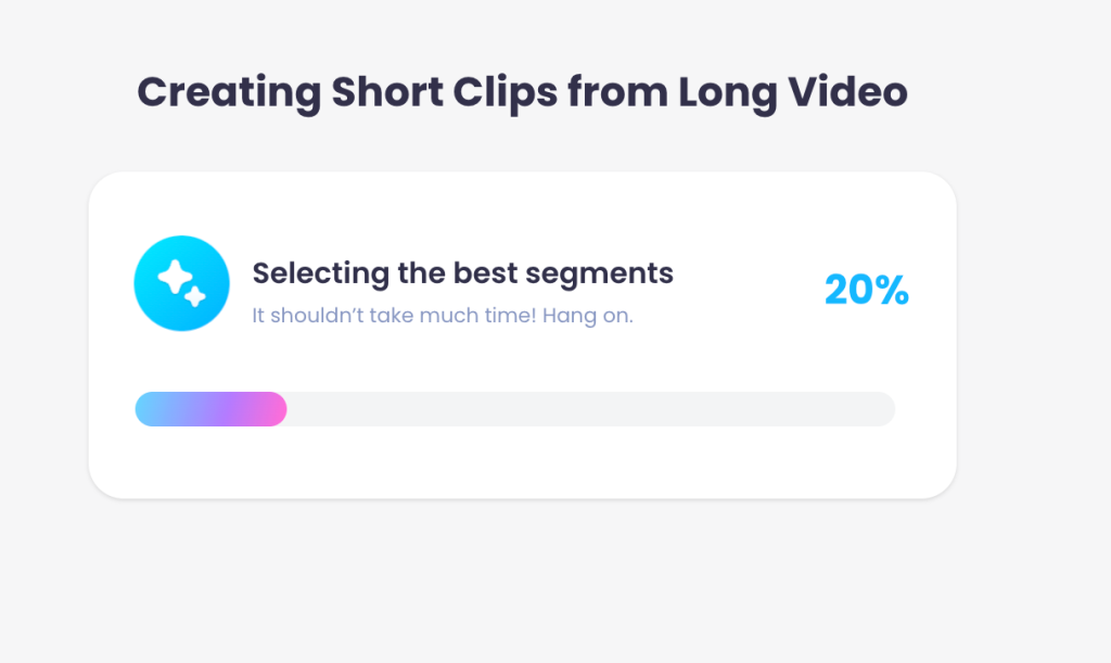 Vmaker AI progress screen selecting the best segments while creating short clips from a long video