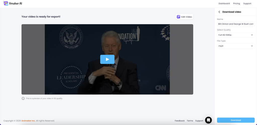 Vmaker AI showing generated clips with reasoning panels for each selected moment and export the video