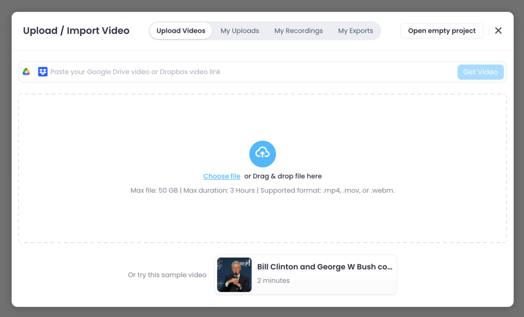 Vmaker AI upload screen for importing a video or pasting a YouTube link