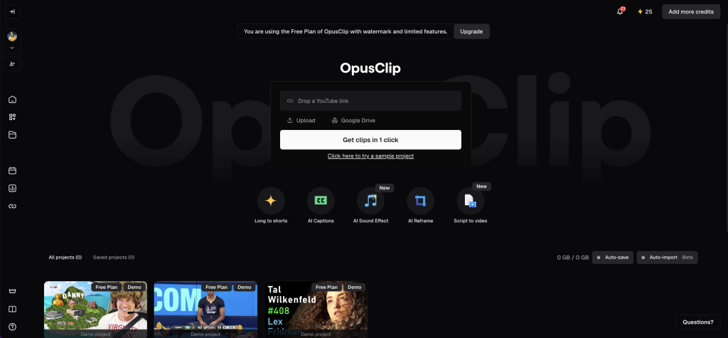 Opus Clip interface for generating viral short-form clips from a long video