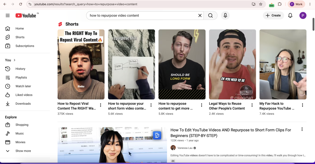 YouTube search results for how to repurpose video content showing Shorts and long-form videos