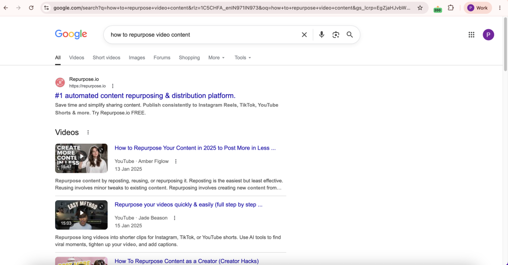 Google search results for how to repurpose video content showing a video carousel