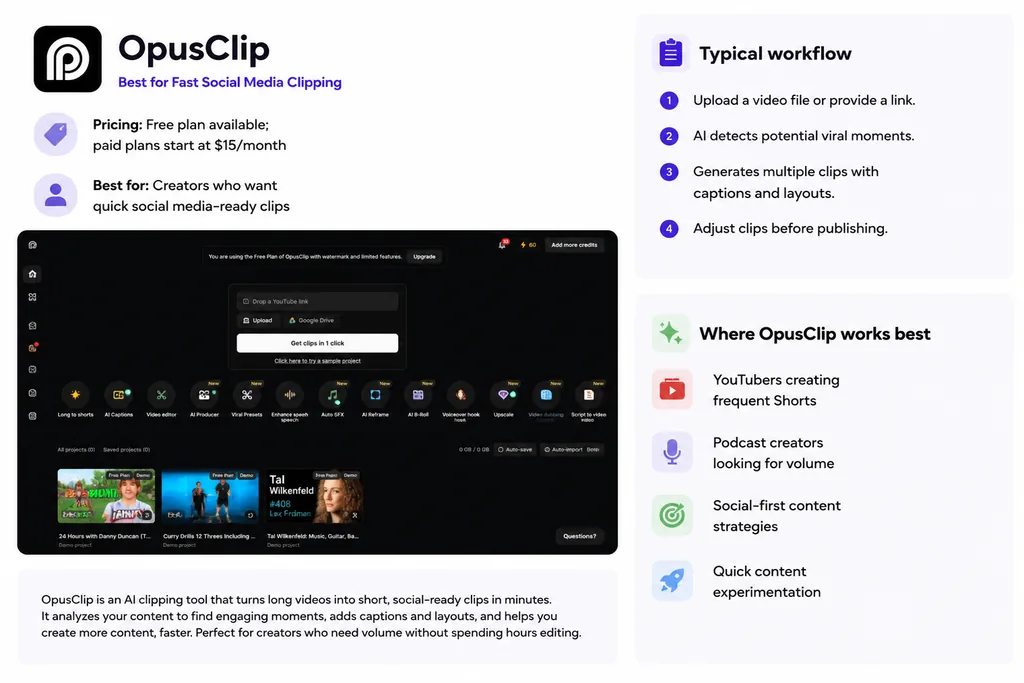 OpusClip AI clipping tool overview card with typical workflow and best use cases